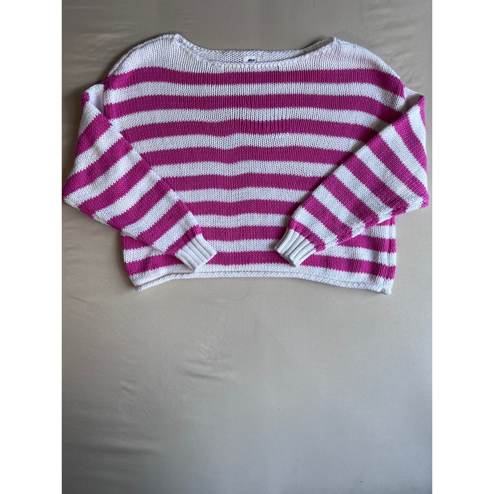 Aerie‎ Pink White Striped Knit Sweater Boat Neck Cropped Pullover Womens Large